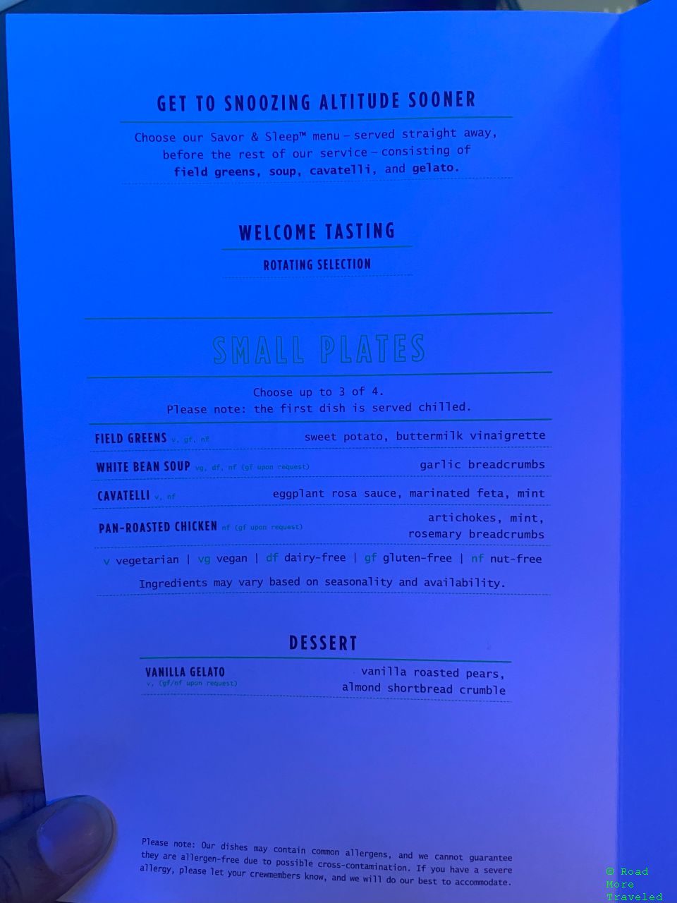 jetBlue A321neo Mint Business Class - dinner menu