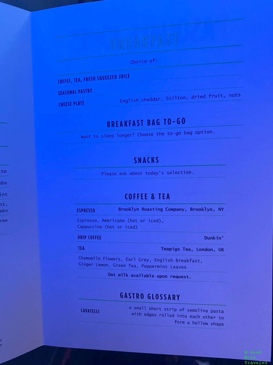 jetBlue A321neo Mint Business Class - breakfast and coffee menu