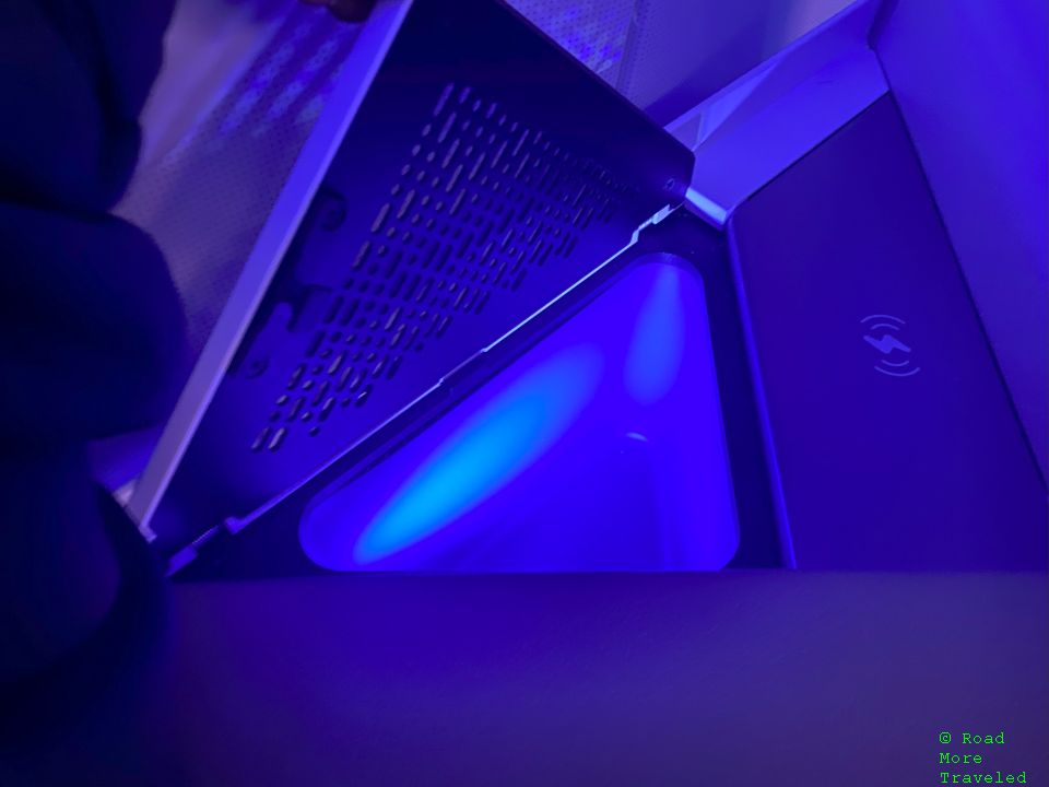 jetBlue Mint Suite storage area near charging pad