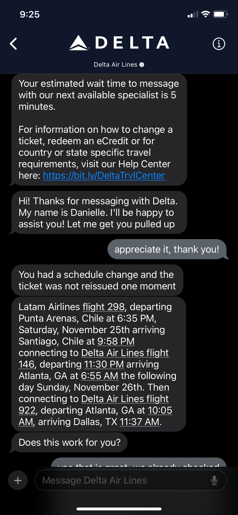 Delta support- request answered quickly