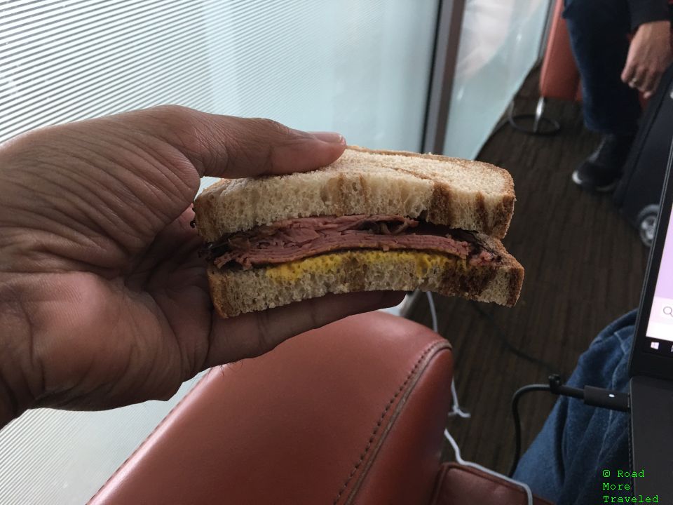 Montreal smoked meat sandwich at Air Canada Maple Leaf Lounge YYZ international