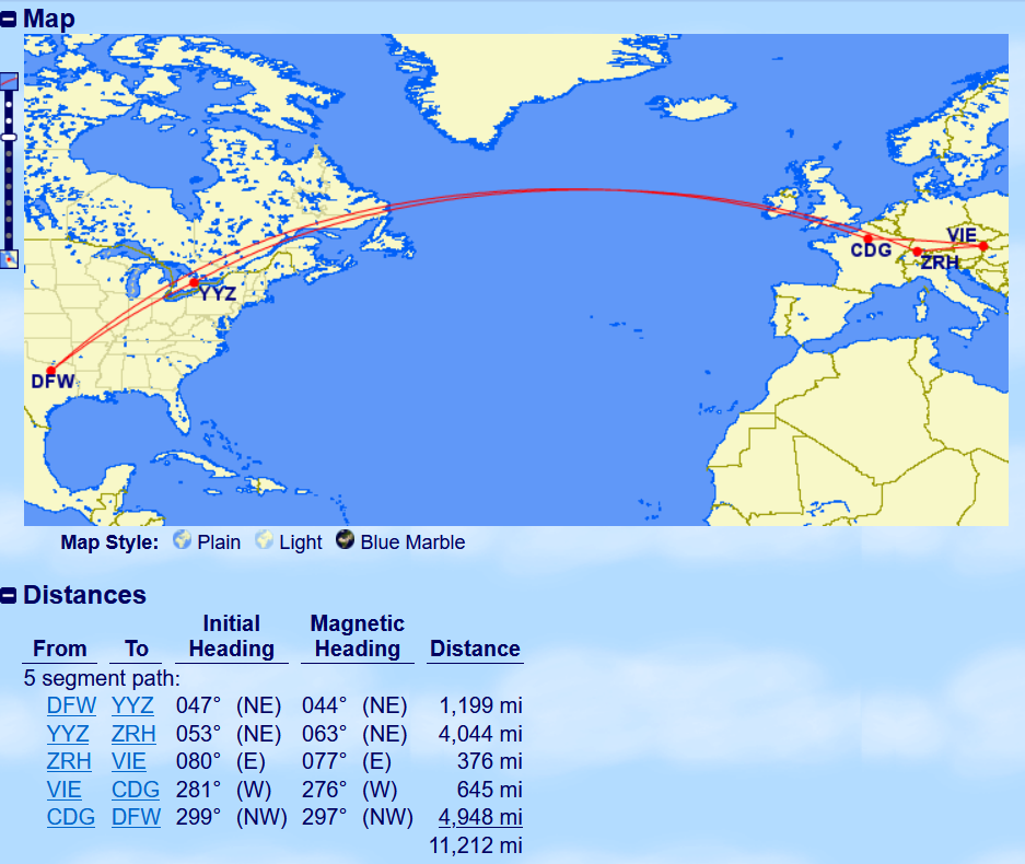 DFW-YYZ-ZRH-VIE-CDG-DFW