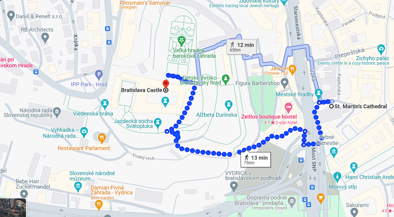 Walking route from St. Martin's Cathedral to Bratislava Castle
