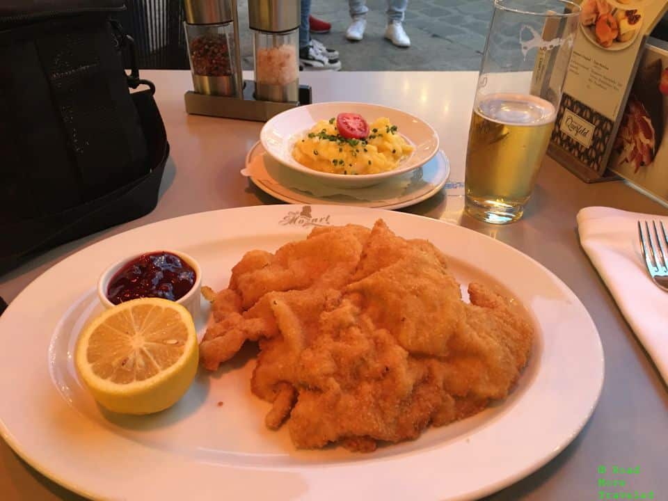 Wiener schnitzel and sides at Cafe Mozart, Vienna