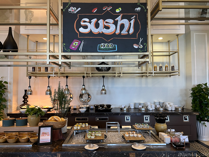 a buffet with food on it