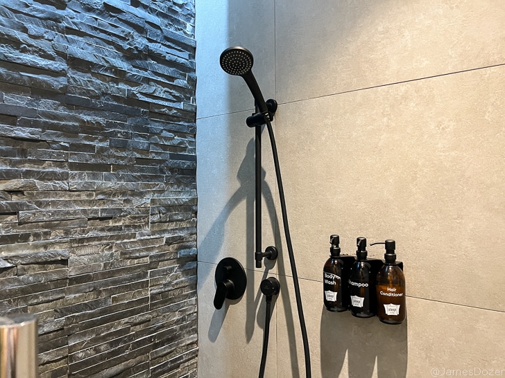 a shower head with a hose and bottles of shampoo