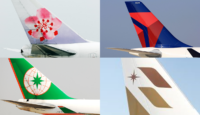 a collage of tail fin of an airplane