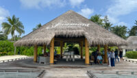a group of people standing under a thatched roof