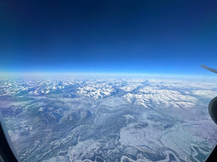aerial view of a snowy mountain range