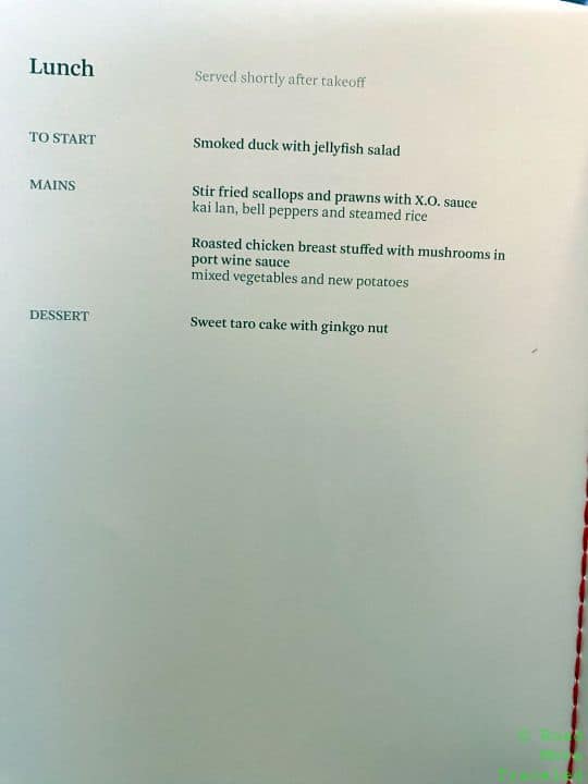 Cathay Pacific A350-1000 Business Class lunch menu