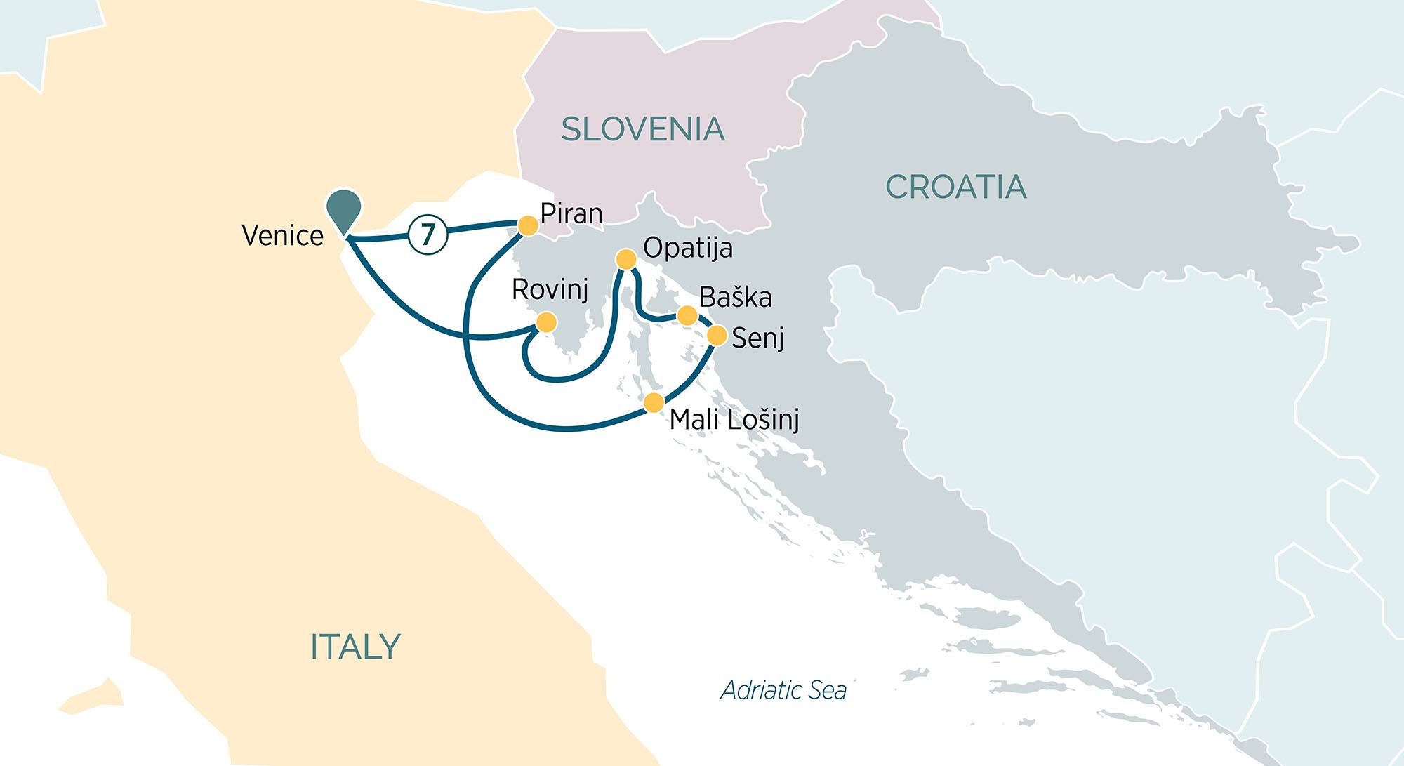 Adriatic Discovery a map of europe with a route