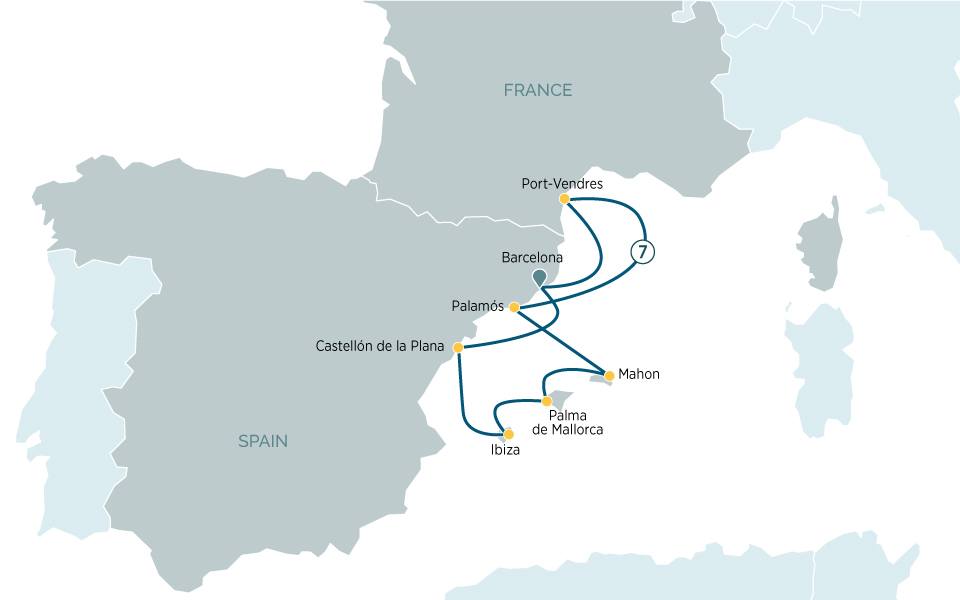 Emerald cruises barcelona a map of a country with a route