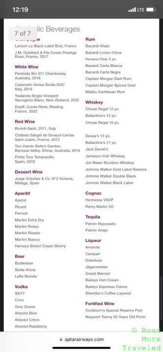 QR Al Safwa Lounge alcohol menu