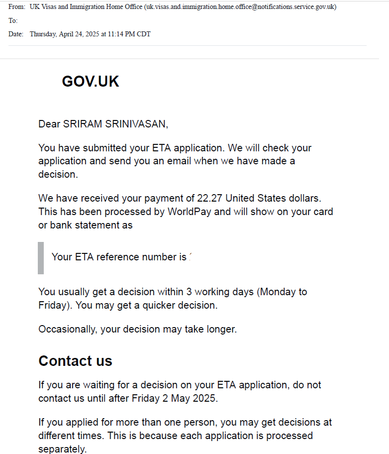 How to Apply for a UK ETA - confirmation email