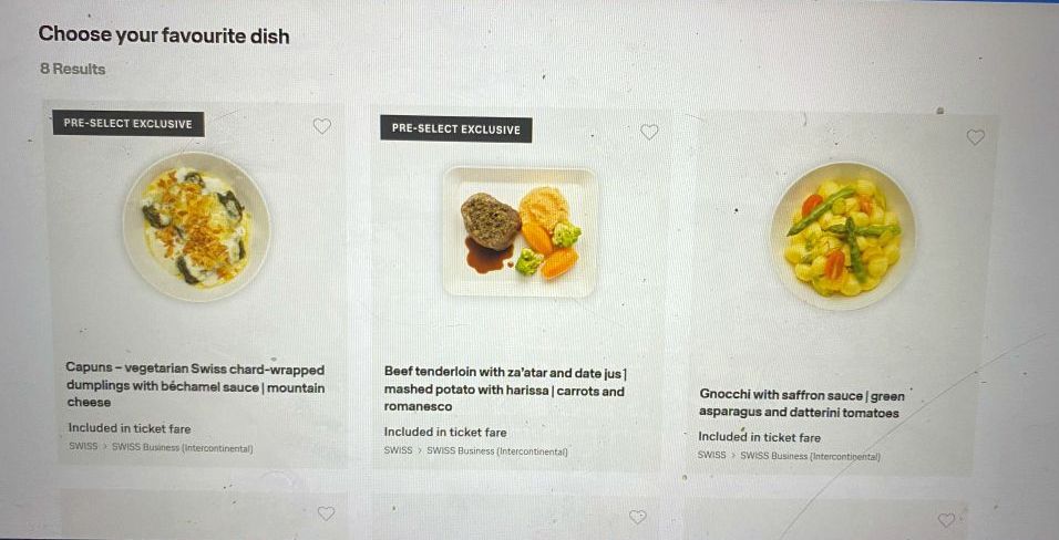 SWISS Business Class pre-order menu