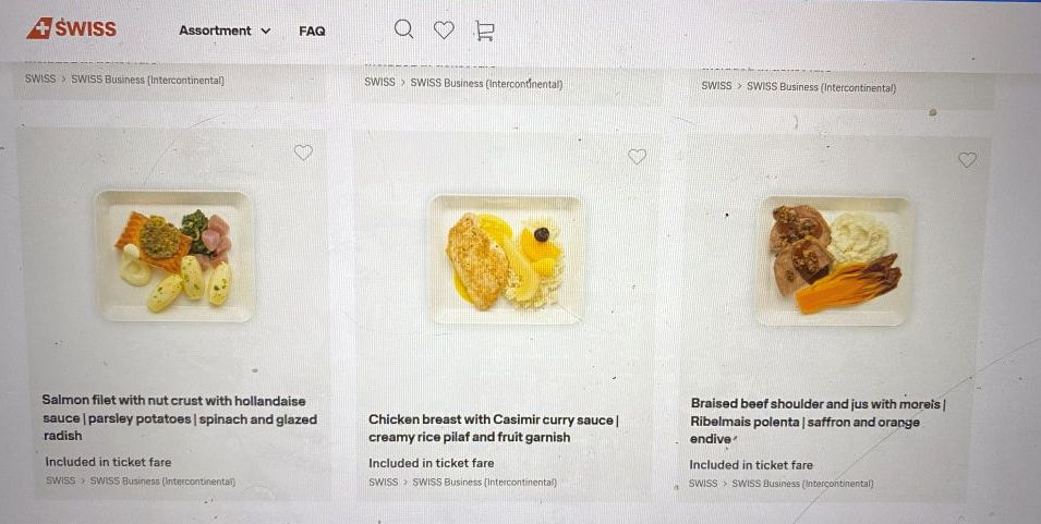SWISS online Business Class menu