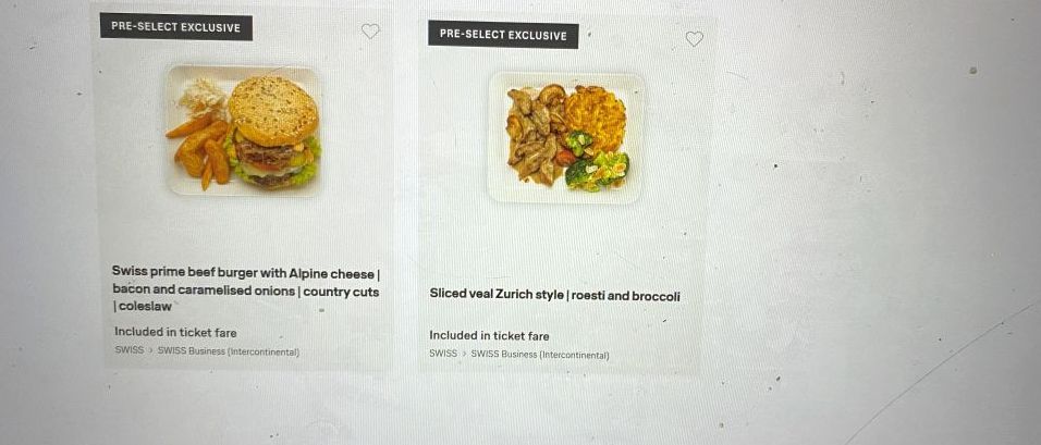 SWISS Business Class online meal selection