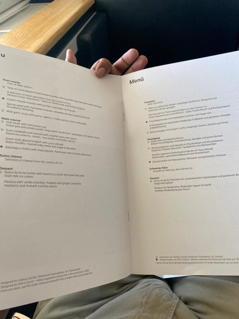 SWISS B777-300ER First Class - food menu