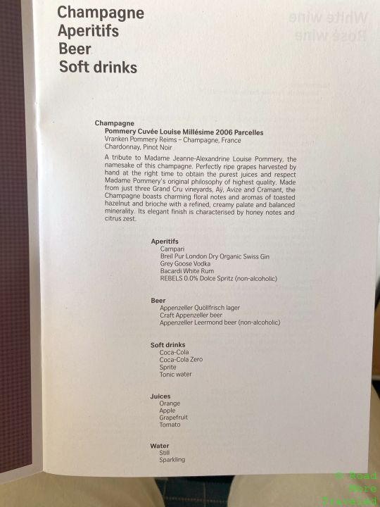 SWISS B777-300ER First Class - champagne, aperitifs, and soft drinks