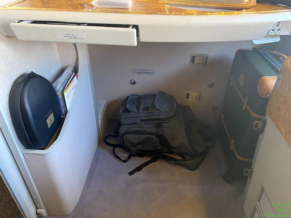 Emirates B777-300ER First Class under table storage