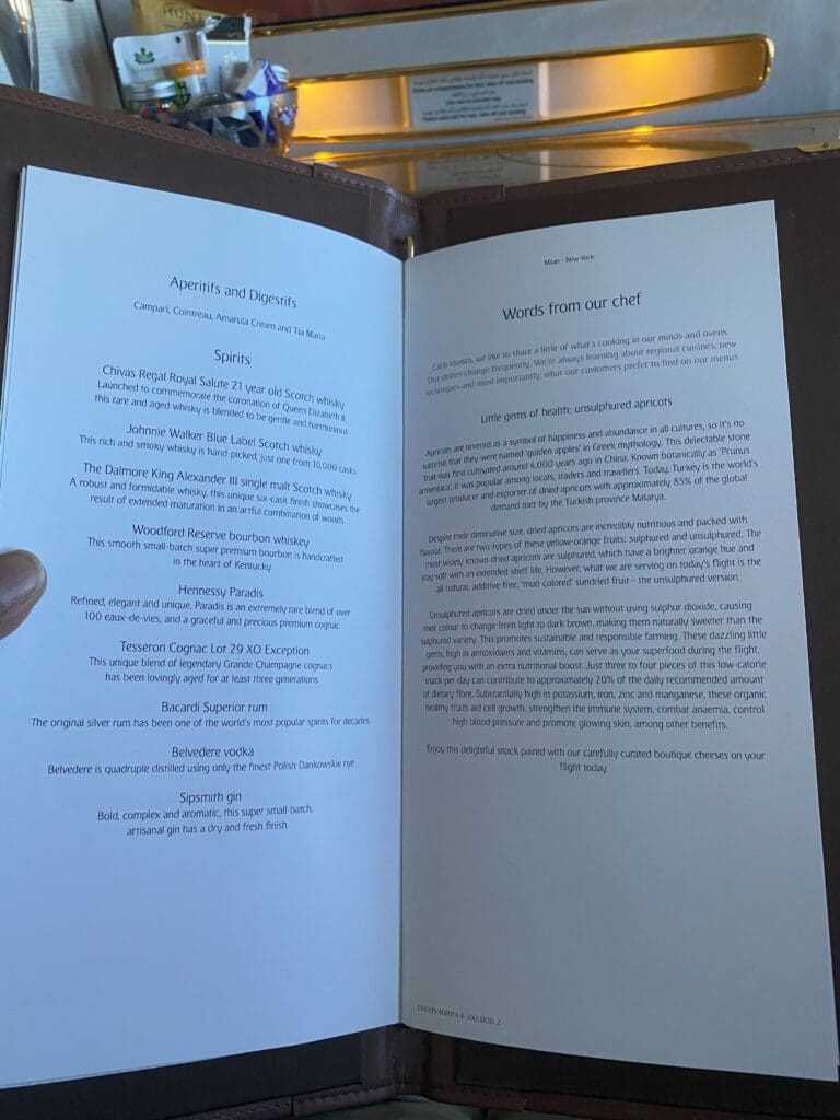 Emirates B777-300ER First Class spirits menu