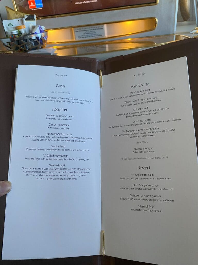 Emirates B777-300ER First Class food menu