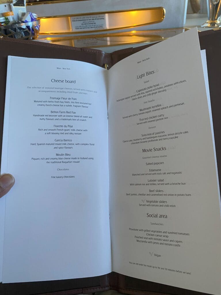 Emirates B777-300ER First Class cheese and snacks menu