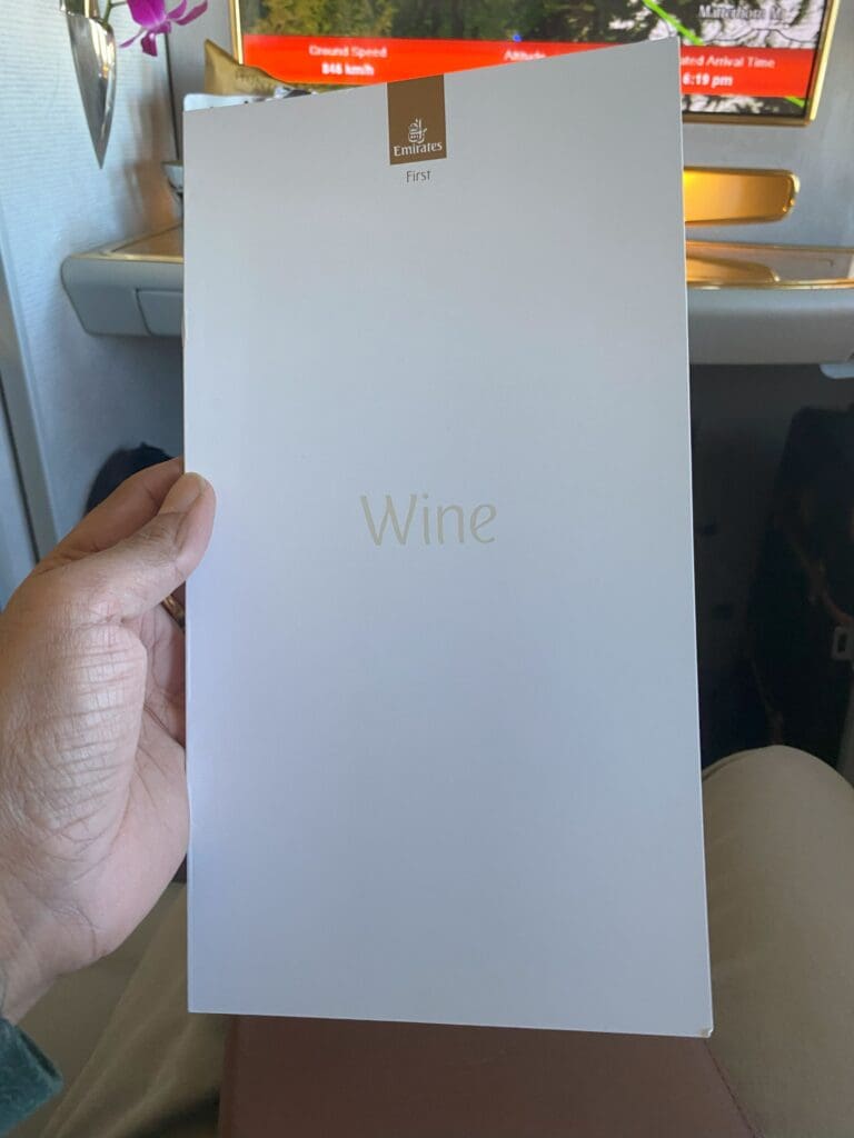 Emirates B777-300ER First Class wine list