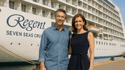 a man and woman standing in front of a large cruise ship