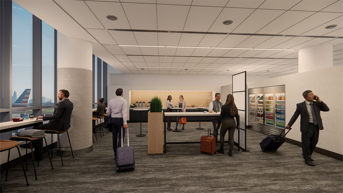 a group of people in a room with luggage