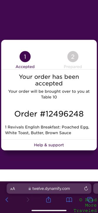 VS arrivals lounge LHR breakfast order confirmation