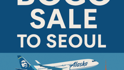 a blue and white poster with a plane flying over a city