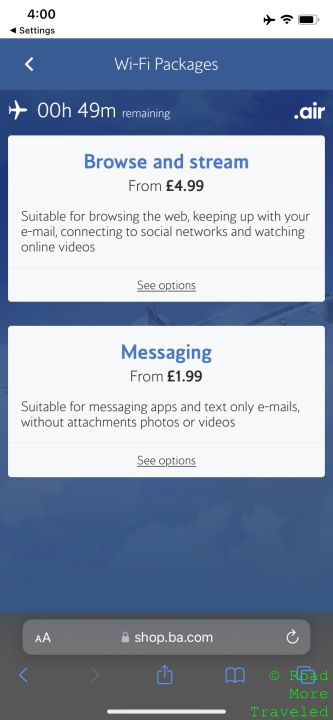 British Airways A320 Club Europe WiFi pricing