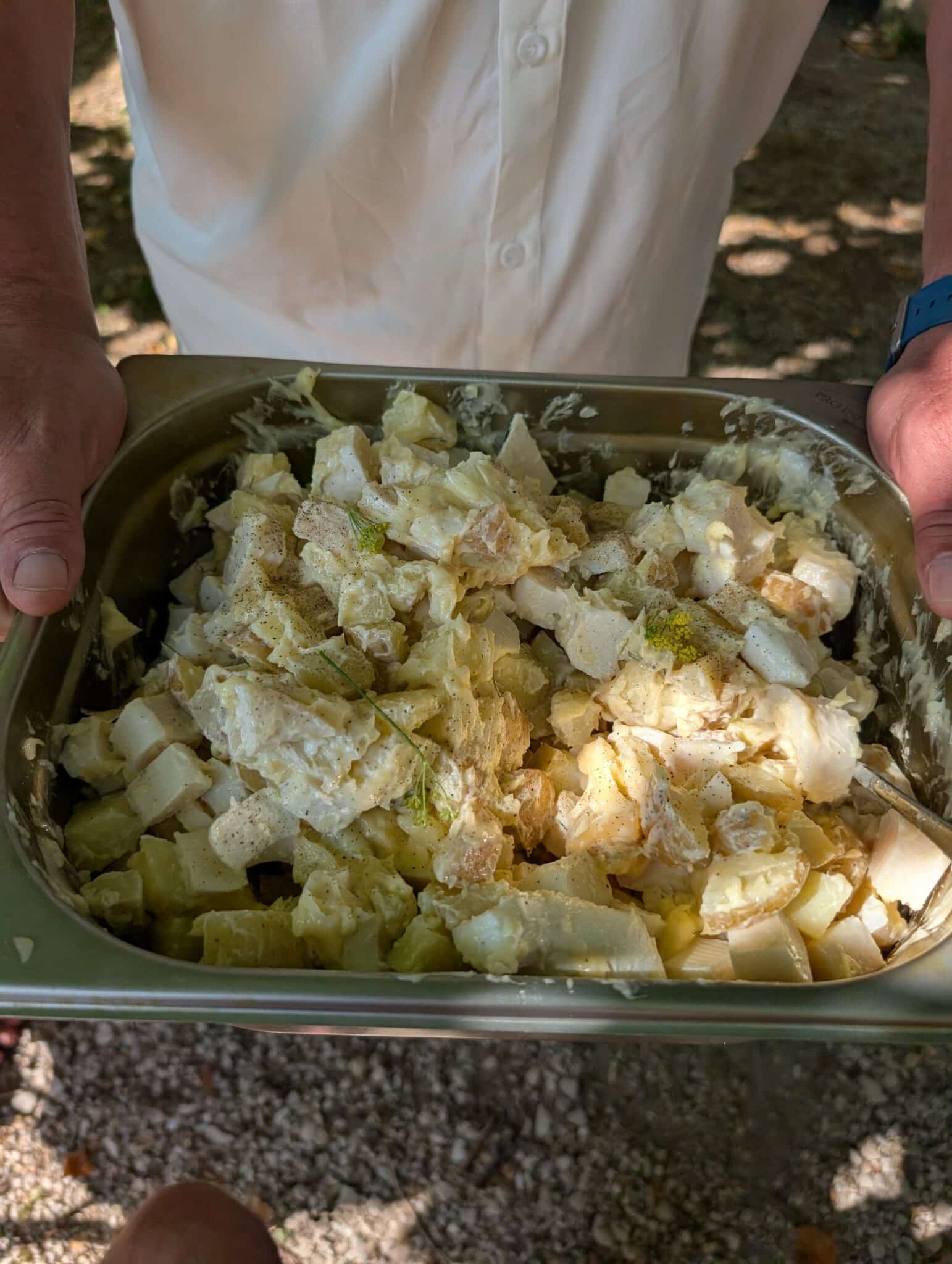 a person holding a tray of food