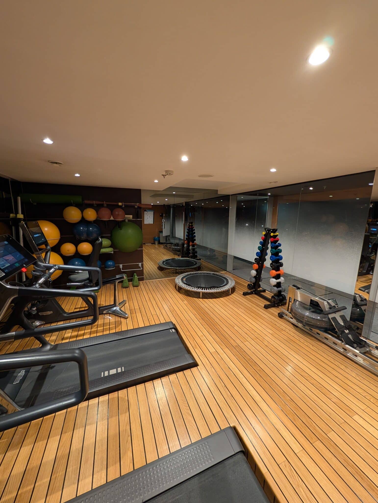 a room with exercise equipment and a mirror