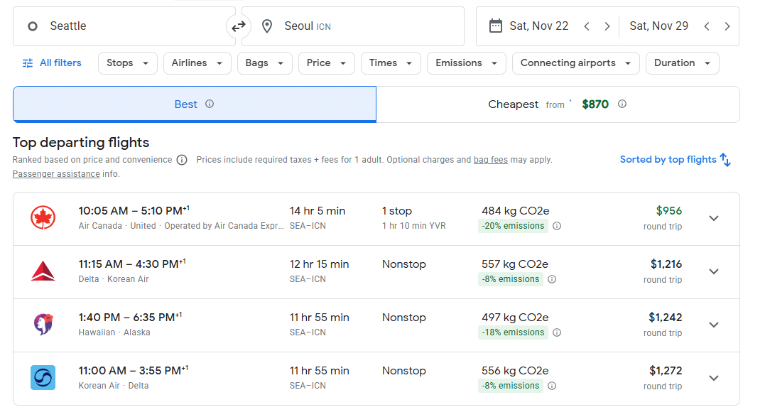 a screenshot of a flight schedule