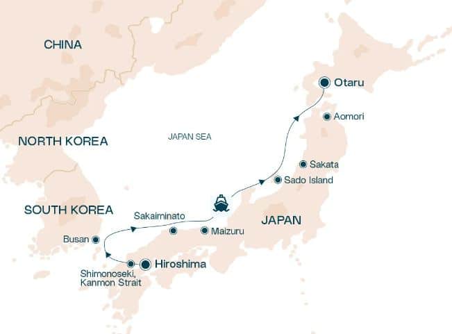 a map of japan with a route