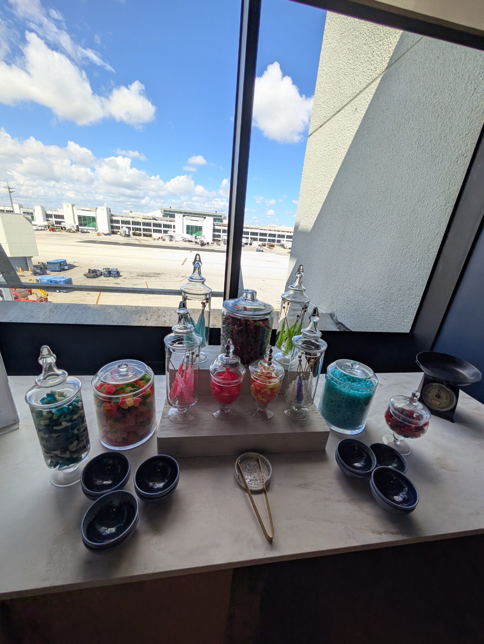 a table with different colored objects on it