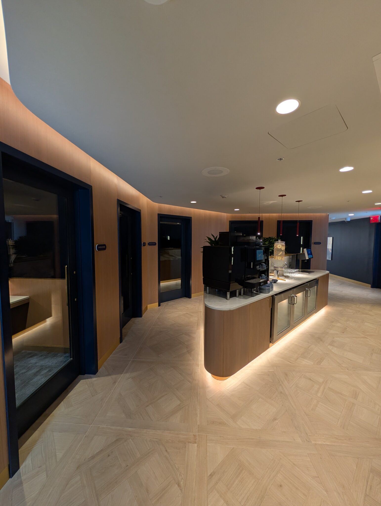 a room with a counter and doors