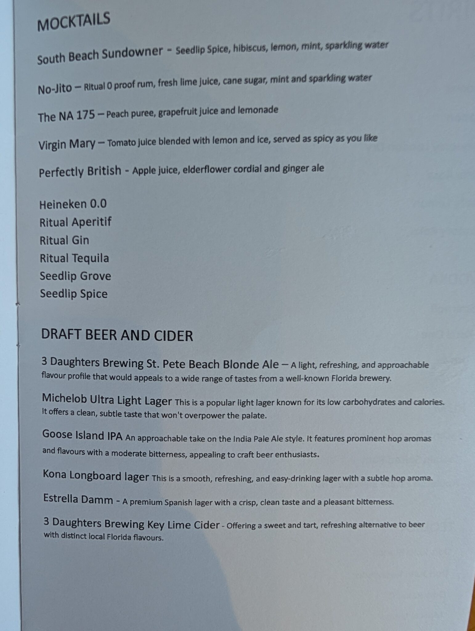 a menu of a drink
