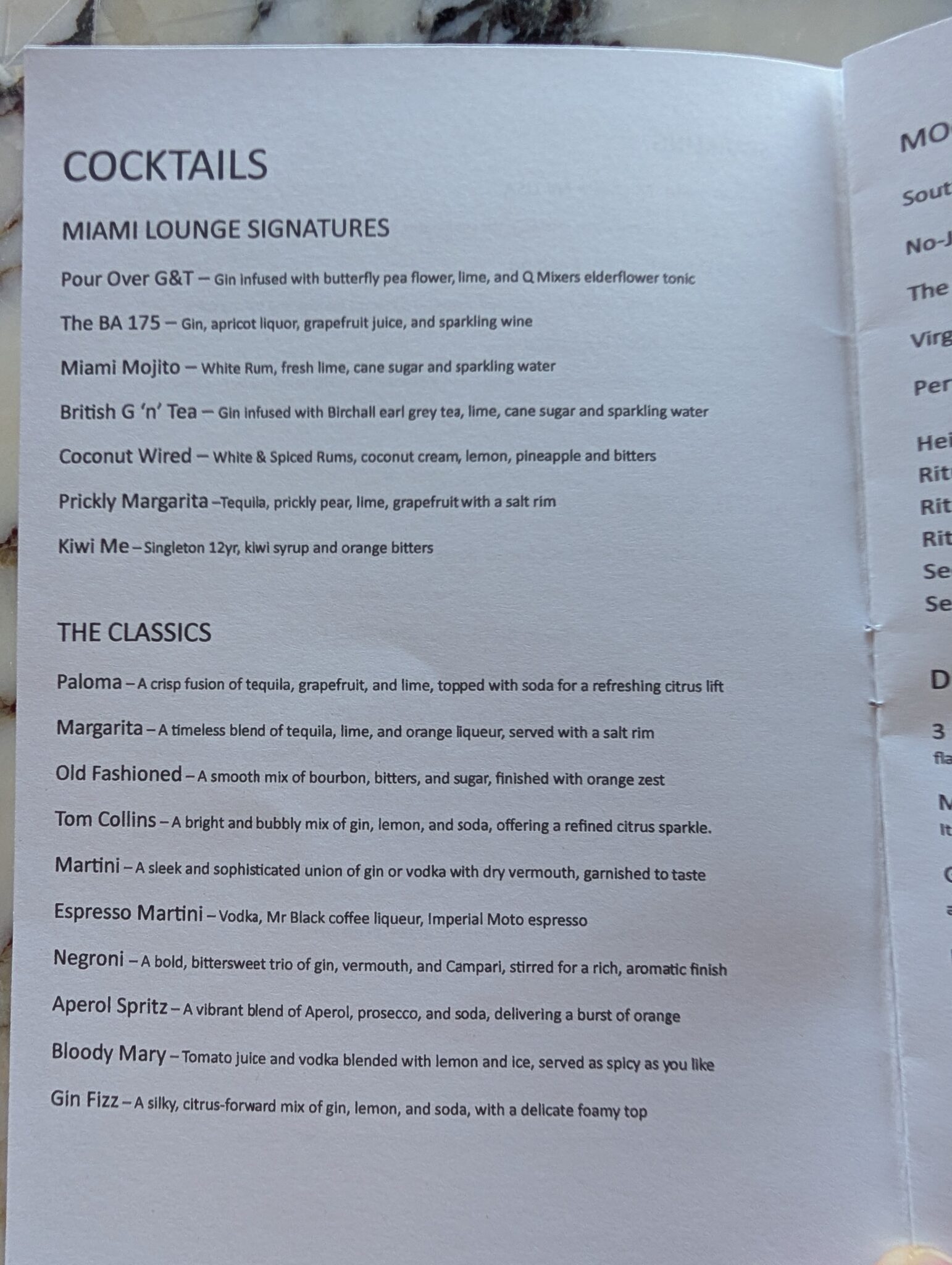 a menu of a cocktail