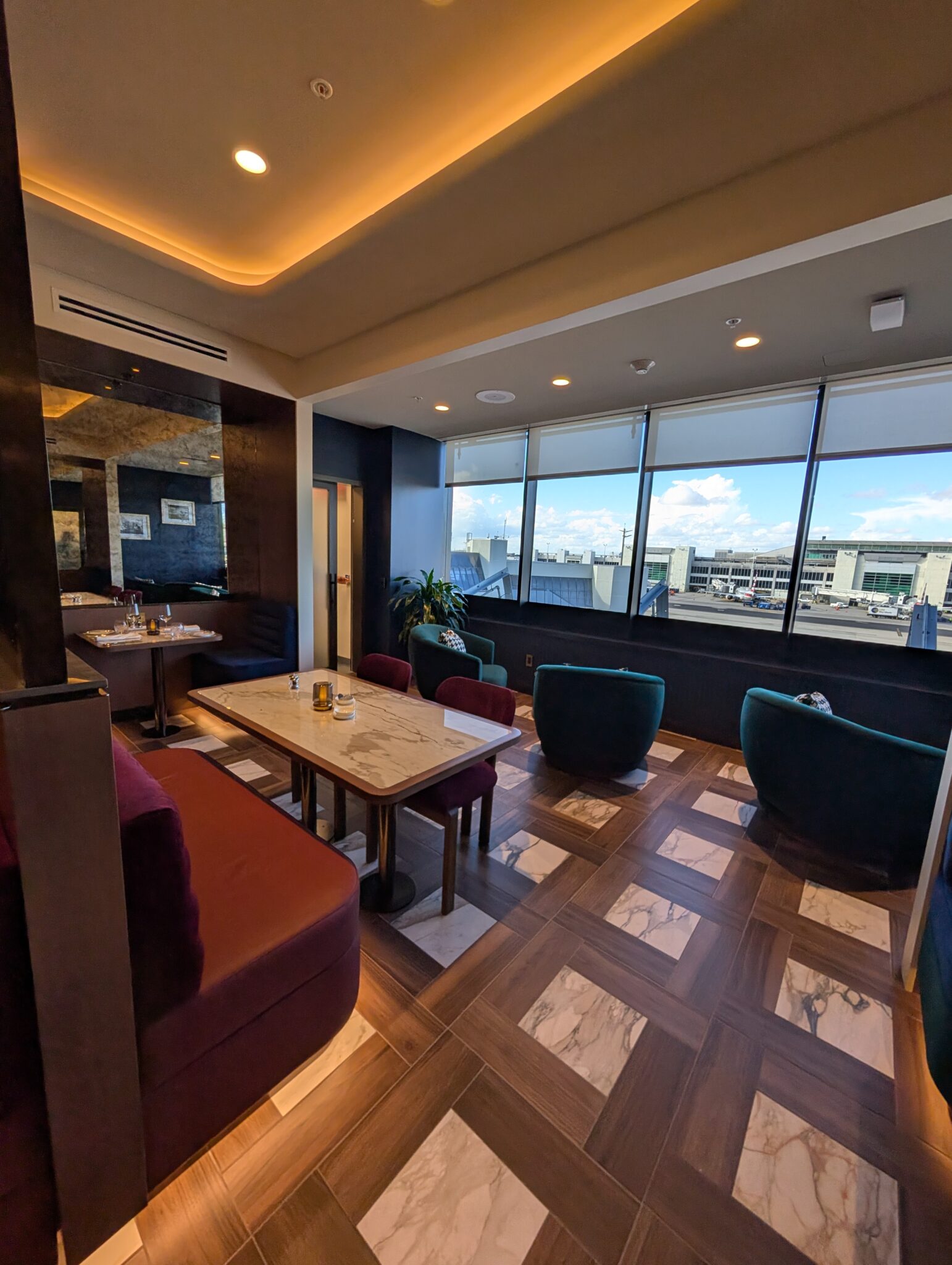 a room with tables and chairs