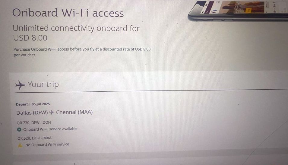 Qatar Airways WiFi pre-purchase offer