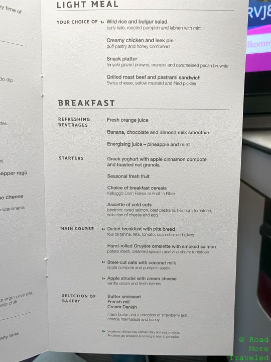 QR Business Class snack/breakfast menu