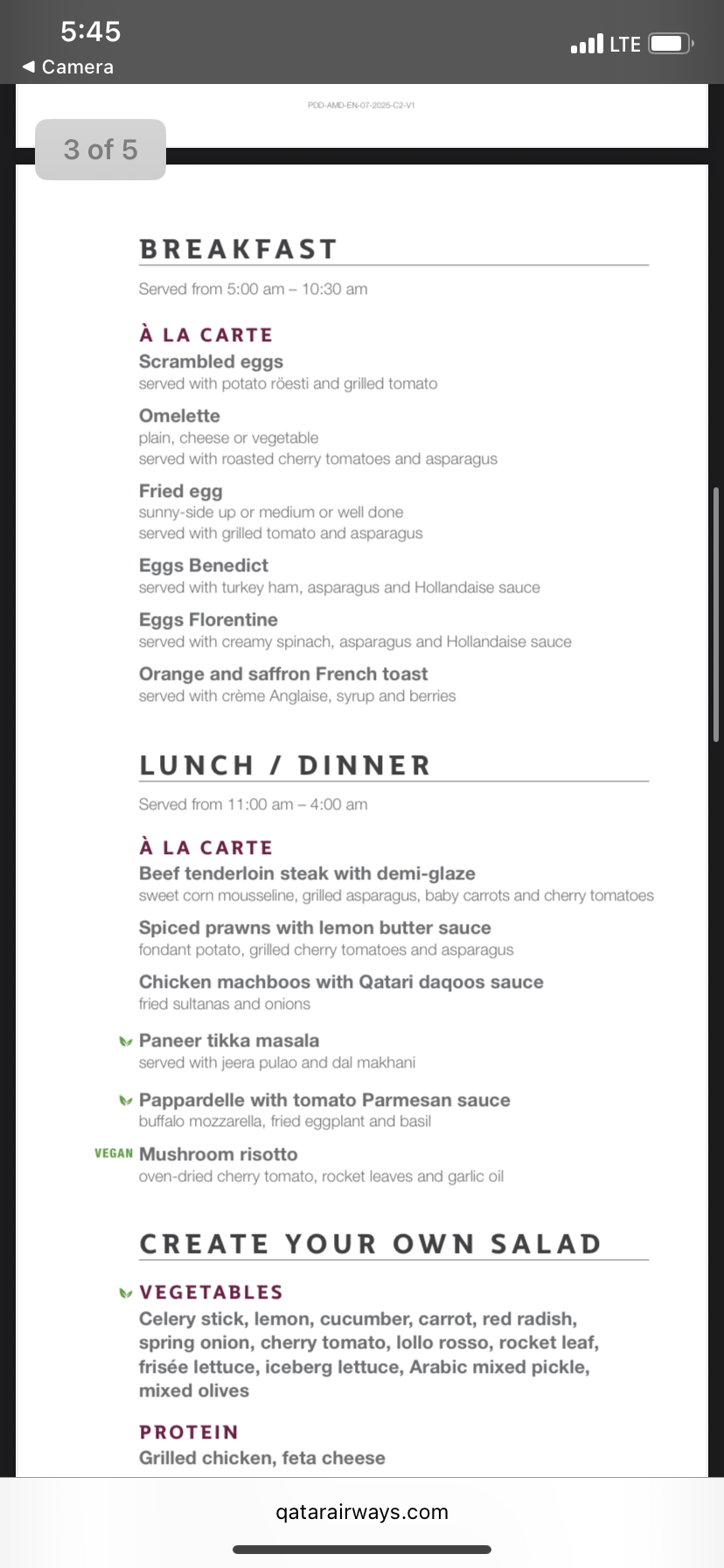 QR Al Mourjan Garden Lounge breakfast/lunch and dinner menu