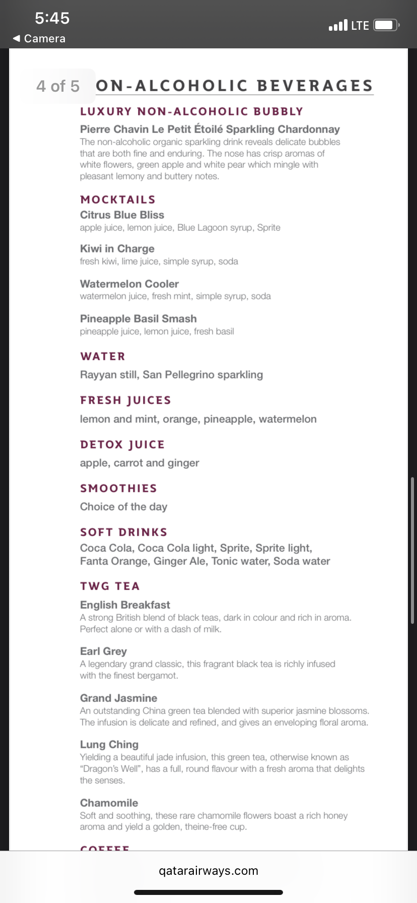 Qatar Airways Al Mourjan Garden Lounge Doha drinks menu