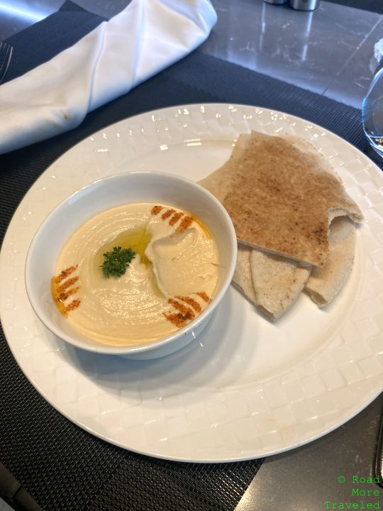 QR Al Mourjan Garden Lounge hummus and pita bread