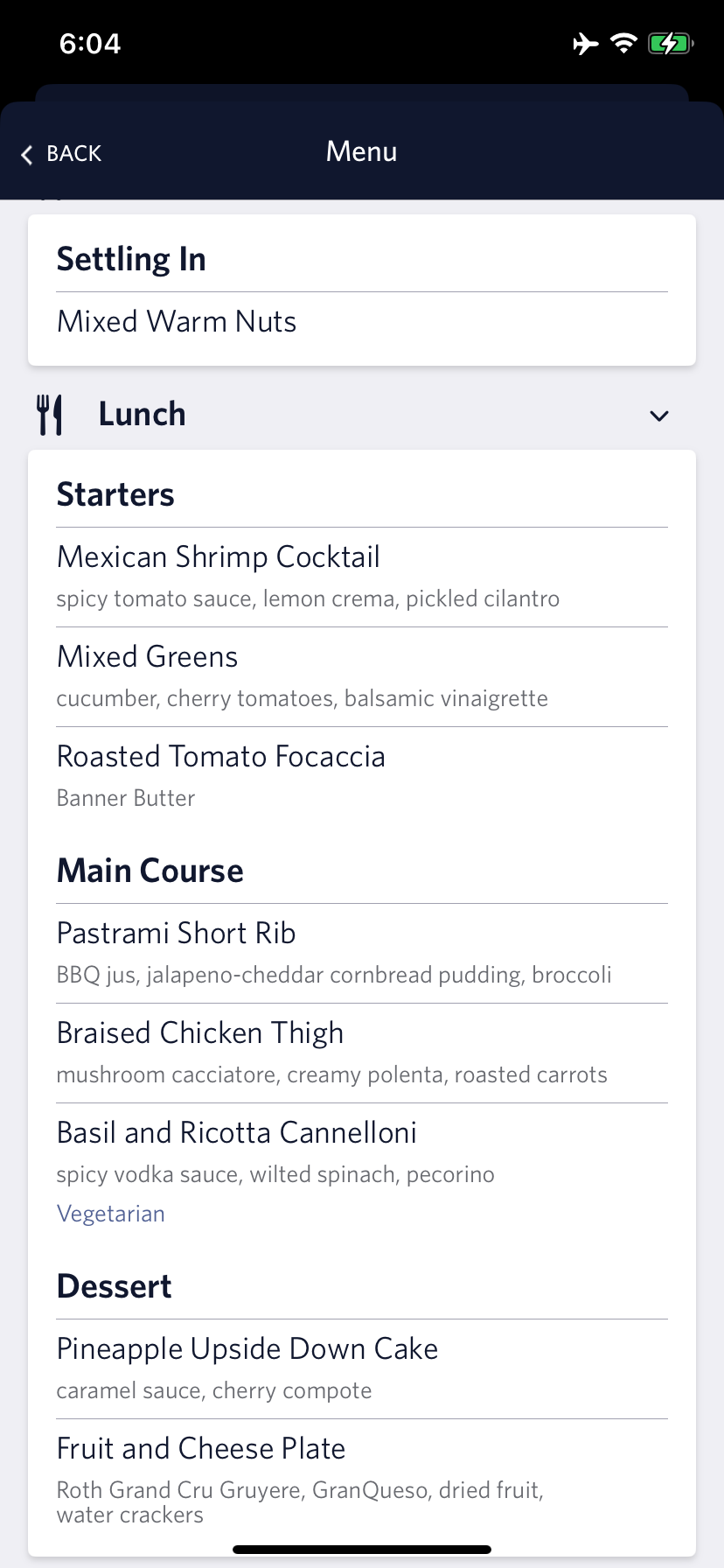 Delta One Suites A330-900neo lunch menu