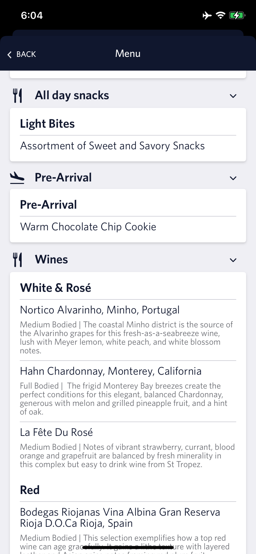 Delta One transcon wine list
