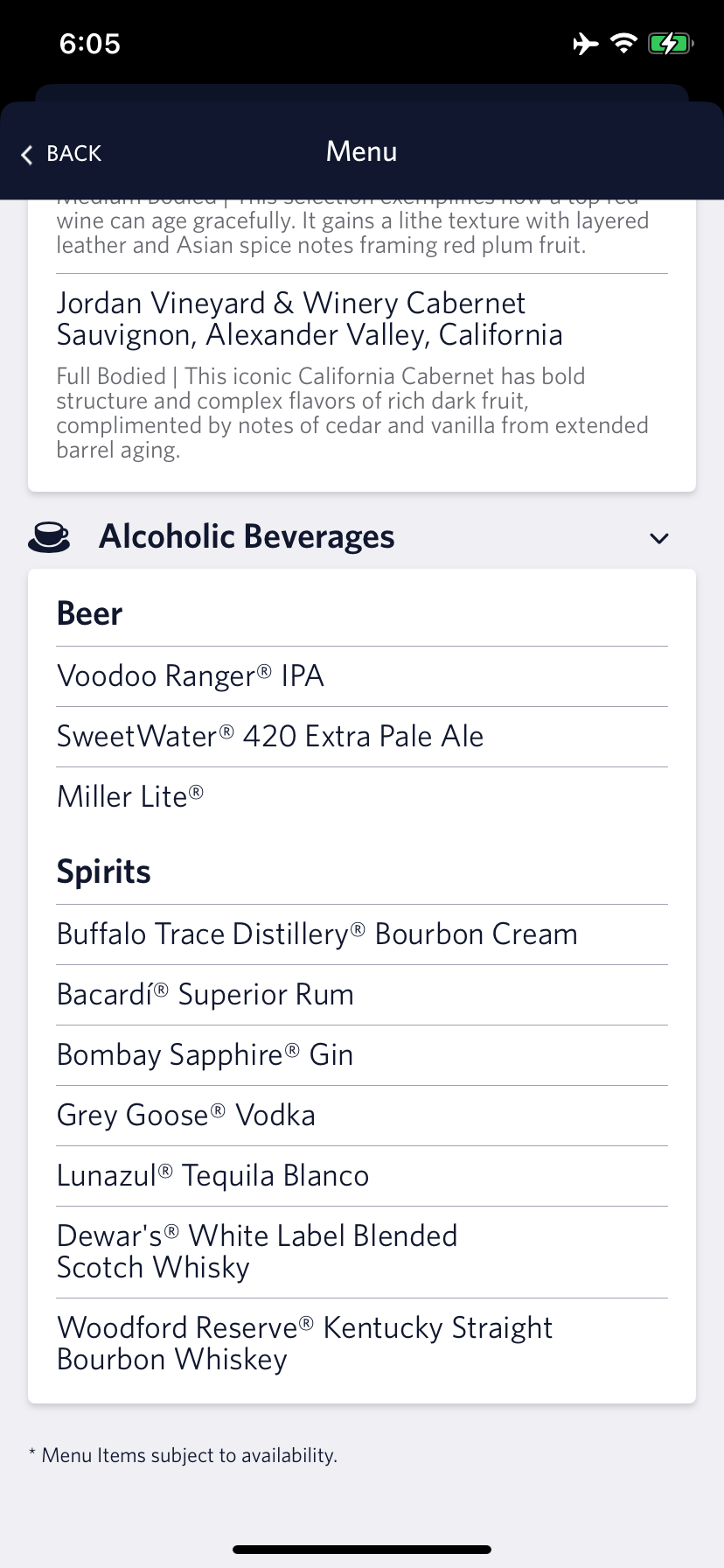 Delta One other beverage menu